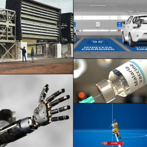 images of technology - robotic arm, wireless car charging, VAR